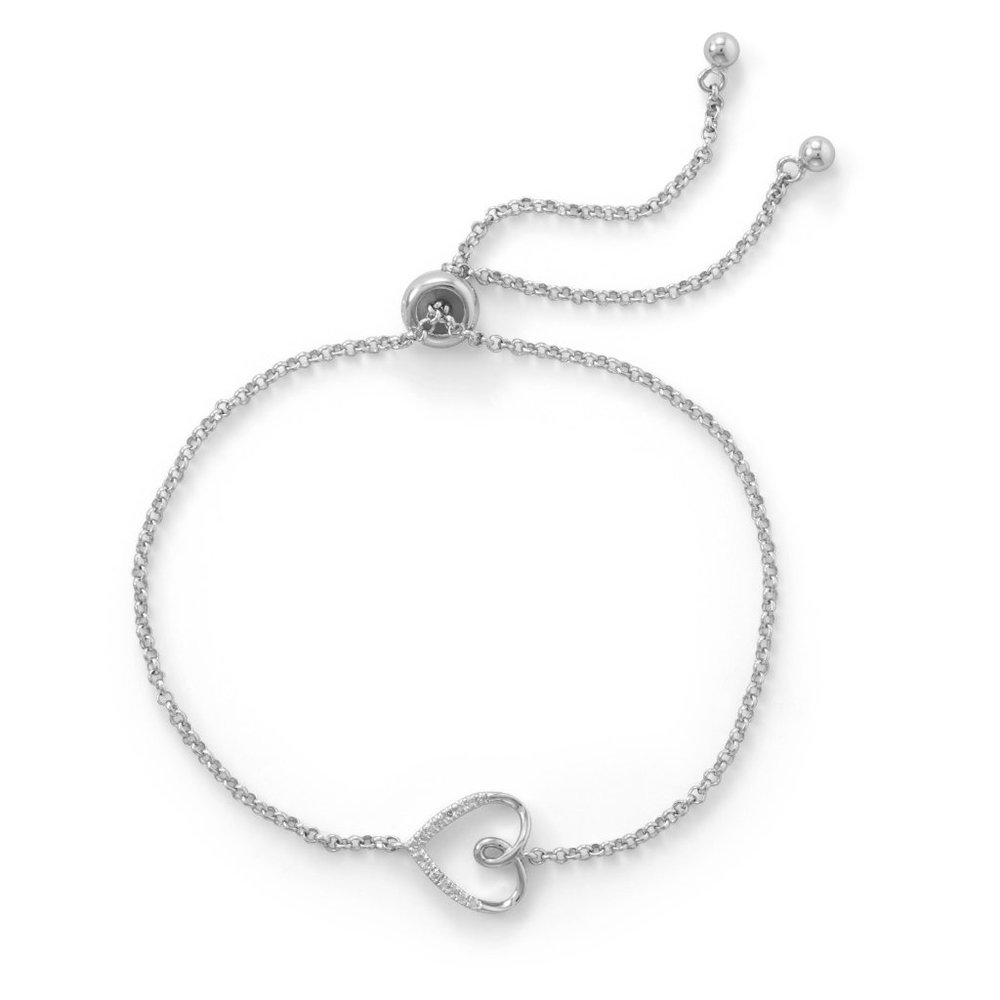 Sideways Diamond Heart Bolo Bracelet Rhodium Plated Sterling Silver